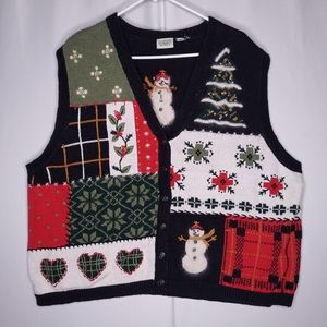 Vtg 90s Classic Elements Christmas Vest 3X Patchwork Snowman Multicolor Vneck